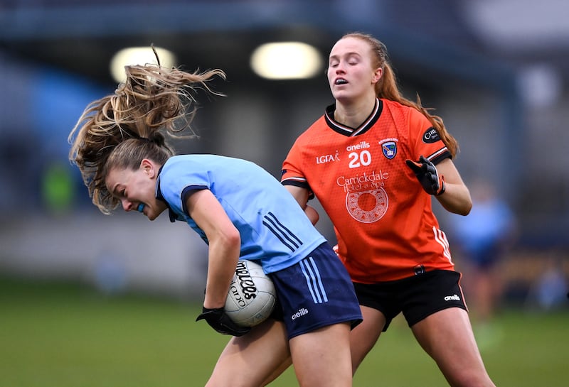 Grace Kos of Dublin in action against Blaithin Mackin of Armagh during the NFL Division 1 clash at Parnell Park. Photograph: Stephen McCarthy/Sportsfile 