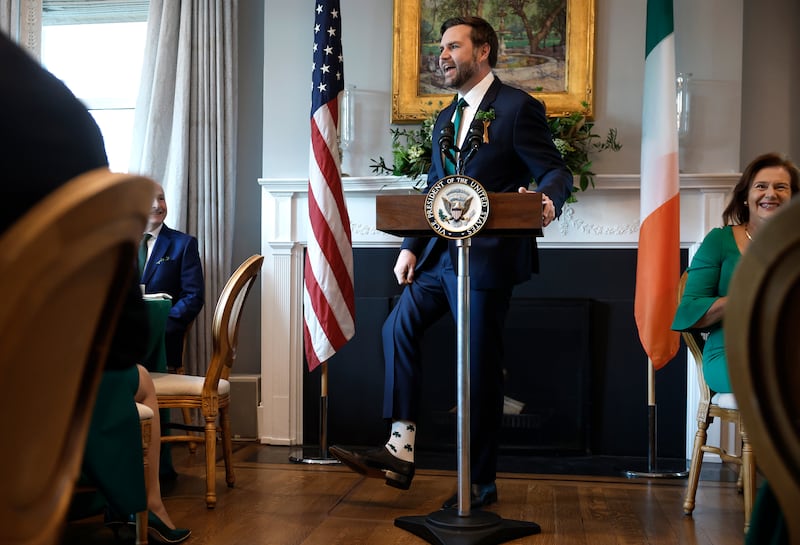 US vice-president JD Vance shows off his shamrock socks. Photograph: Kevin Dietsch/Getty 