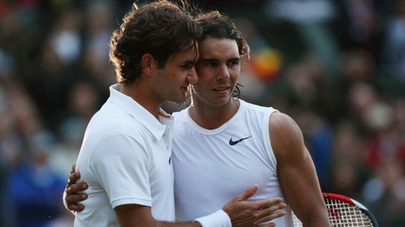 Roger Federer and Rafael Nadal after their epic 2008 Wimbledon final. Photogrpah: Inpho