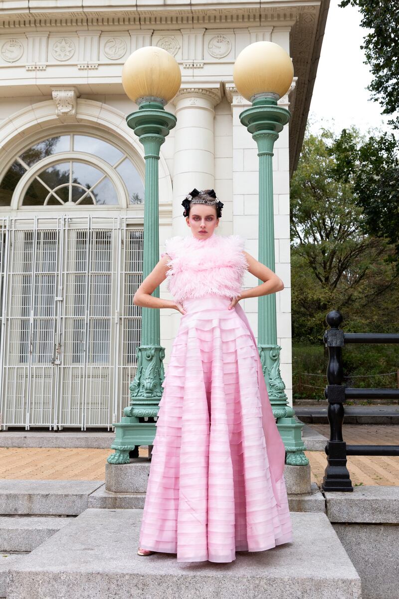 Pink silk organza tiered skirt (€2,295), feather and silk organza bow bodice (€2,195), Swarovski-embellished hair slide from (€145), all made to order by Claire O’Connor. Photograph: Kristin Brynn Costello