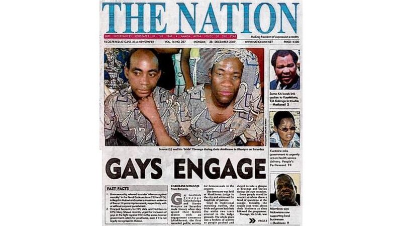 A Malawian newspaper reports on the engagement of Steven Monjeza and Tiwonge Chimbalanga that led to their arrest.