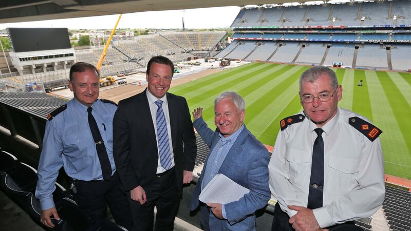 Insp Tony Gallagher, Mountjoy Garda station; Alan Gallagher, head of operations, Croke Park; Jim Clarke of Aiken Promotions and Supt Daniel Flavin of Mountjoy Garda station  at a press conference at Croke Park on  security and traffic arrangements for the weekend’s Bruce Springsteen and The E Street band concerts at Croke Park. Photograph: Colin Keegan/Collins Dublin