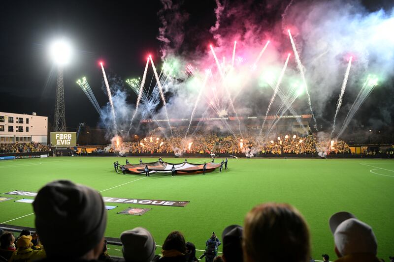 A fireworks display takes place prior to kick-off at Aspmyra Stadion. Photograph: David Lidstrom/Getty Images