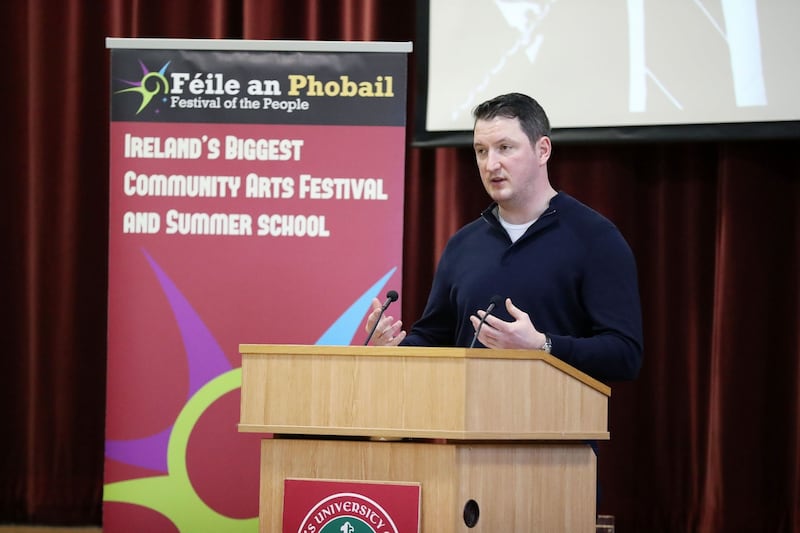 John Finucane speaking at St Mary’s University College Belfast at an event to mark the 30th anniversary of the death of his father, Belfast solicitor Pat Finucane. Photograph: Kelvin Boyes/PA