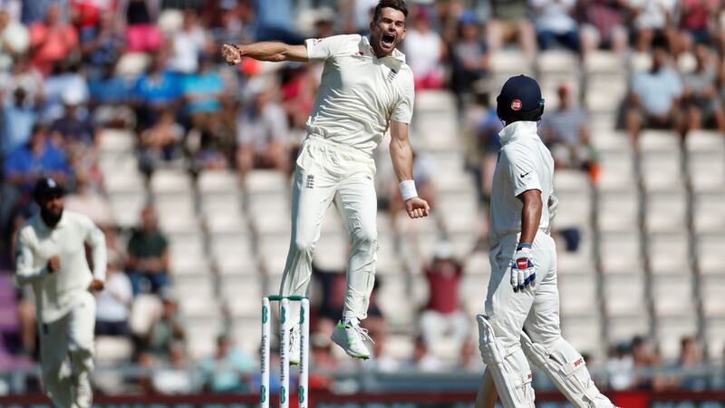 England’s James Anderson celebrates the wicket of Shikhar Dhawan. Photograph: Paul Childs/Reuters