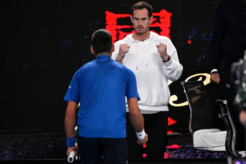 Novak Djokovic celebrates hsi win over Carlos Alcaraz with coach Andy Murray. Photograph: William West/AFP via Getty Images