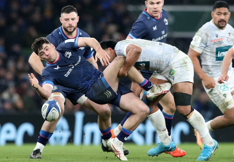 Clermont's Irae Simone tackles Leinster's Jimmy O'Brien at the Aviva Stadium. Photograph: Paul Faith/AFP via Getty Images