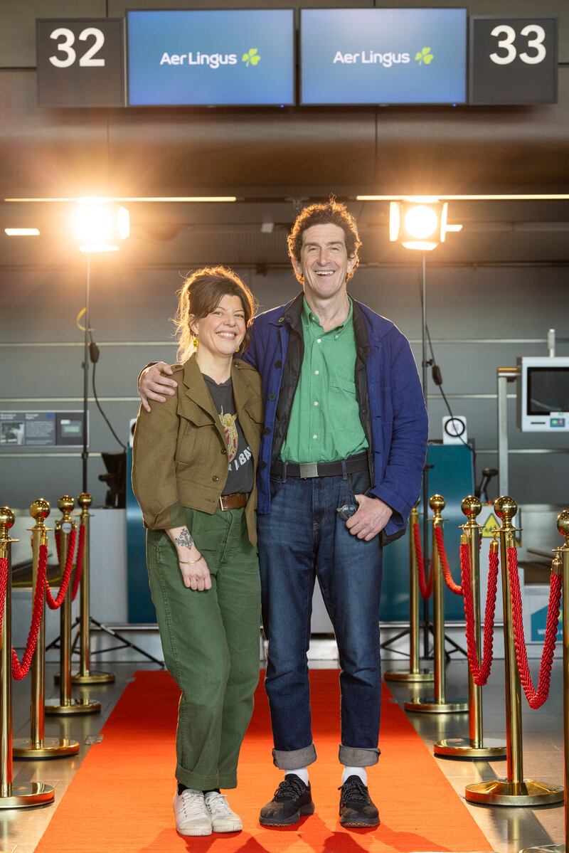 Robbie Ryan with his partner Lisa Mustafa (left) before flying out to Los Angeles for the Oscars, where he is nominated for best cinematography for the film Poor Things. Photograph: Naoise Culhane