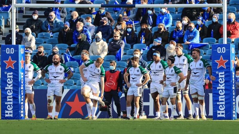 Montpellier players under the posts after conceding a try in their 89-7 defeat to Leinster in 2022. Photograph: Billy Stickland/Inpho