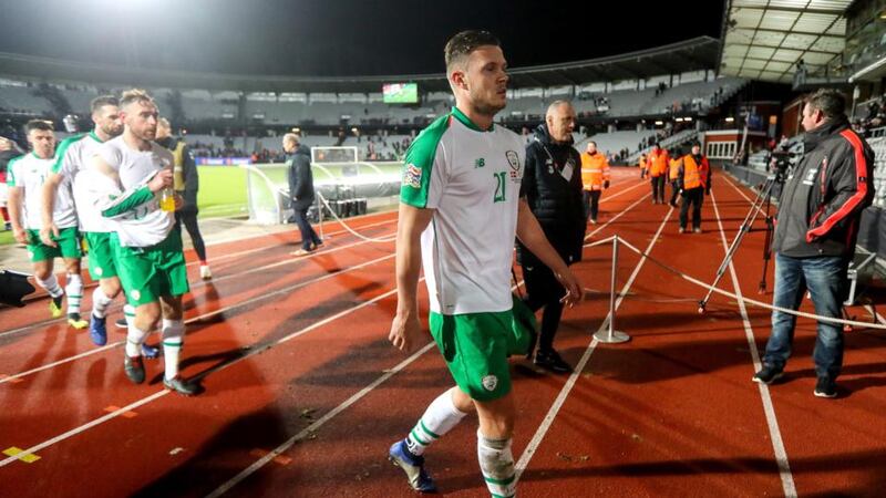 Ireland’s Kevin Long leaves the pitch after the Nations League draw with Denmark. Photo: Ryan Byrne/Inpho