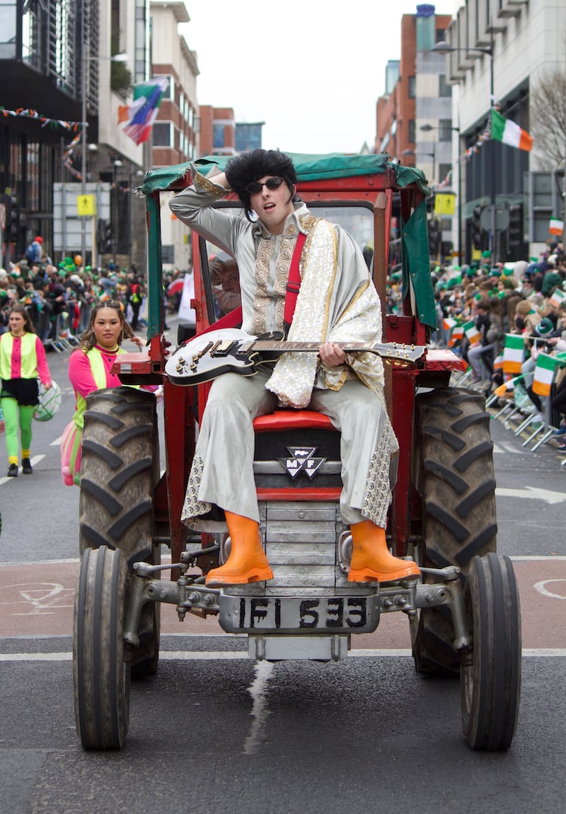 Elvis riding a tractor during the St Patrick's Day parade in Limerick. Photograph: David Raleigh