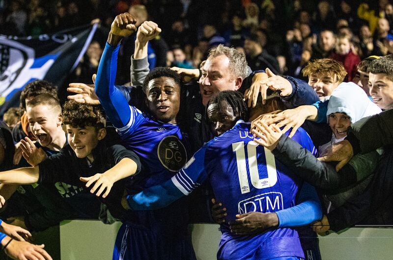 Waterford celebrate a goal against Treaty United in the First Division play-off first leg at Market’s Field, Limerick. They now face Galway United to see who meets UCD for a place in the top flight. Photograph: Evan Treacy/Inpho 