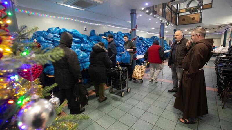 Needful things: Hampers being handed out at the centre this morning. Photograph: Sam Boal/Rollingnews.ie