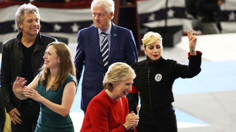 Hillary Clinton, Chelsea Clinton, Bill Clinton, Lady Gaga and Jon Bon Jovi greet the crowd. Photograph: Logan Cyrus/Getty Images