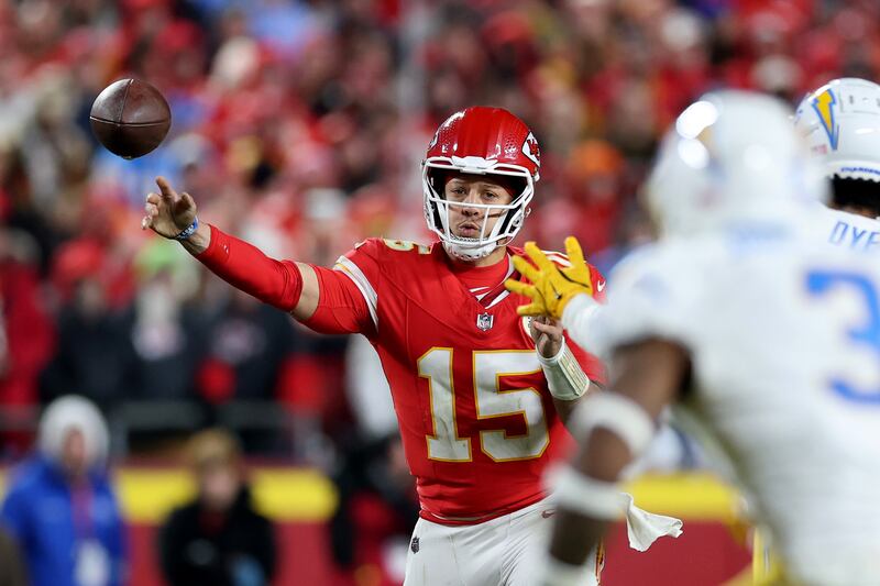 Kansas City quarterback Patrick Mahomes throws a pass during the third quarter against the Los Angeles Chargers at Arrowhead Stadium. Photograph: Jamie Squire/Getty Images