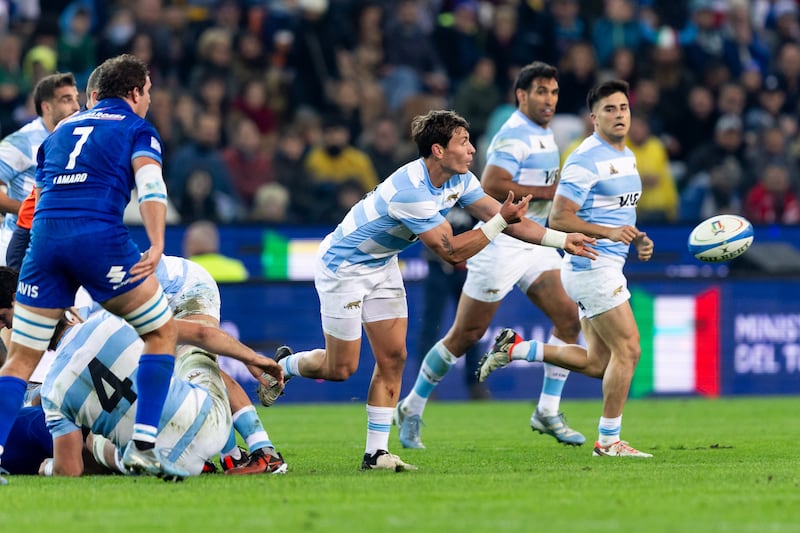 Gonzalo Bertranou gets his pass away during the 50-18 victory over Italy at Friuli Stadium in Udine, Italy. Photograph: Gaspafotos/MB Media/Getty Images