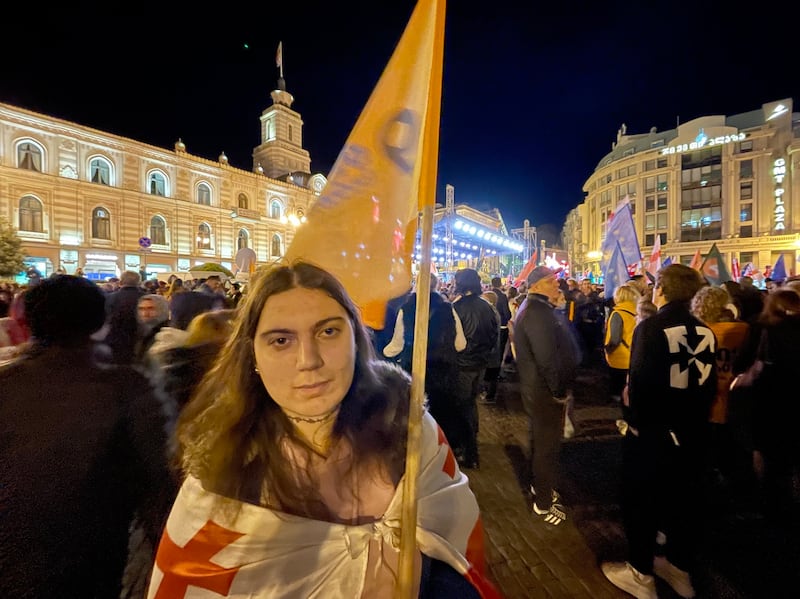 Mariami Cholokhadze, a supporter of Georgia's opposition, at a rally on Tbilisi’s Freedom Square on Sunday. Photograph: Daniel McLaughlin 