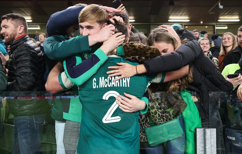 Gus McCarthy is embraced after earning his first senior cap for Ireland. Photograph: Ben Brady/Inpho