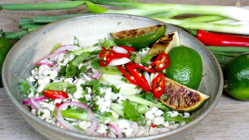 Chicken Larb with grilled cabbage and lime