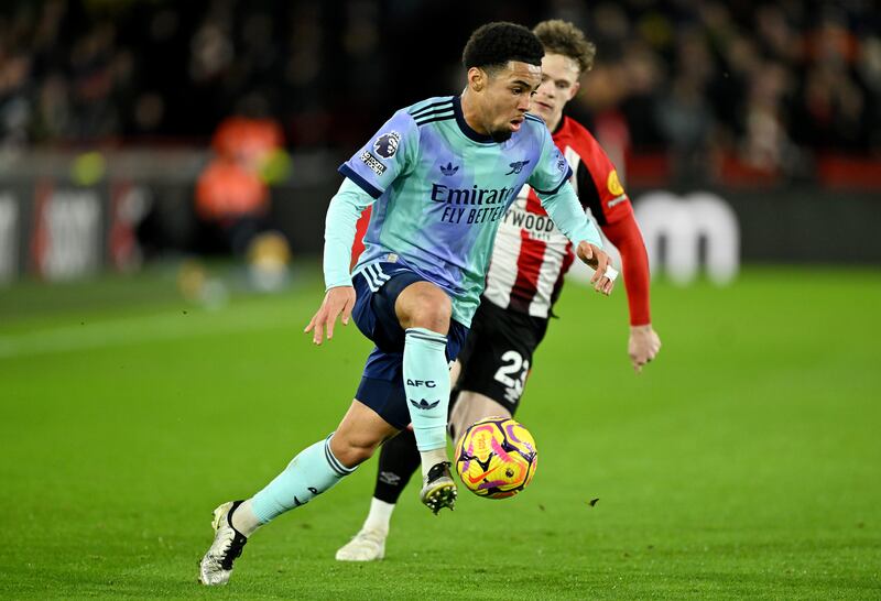 Ethan Nwaneri of Arsenal in action during his full league debut for the Gunners against Brentford. Photograph: Mike Hewitt/Getty Images