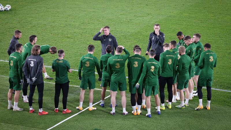 Ireland manager Stephen Kenny speaks to the team during a training session at the the Olympic Stadium in Helsinki ahead of Wednesday’s Nations League game against Finland. Photograph: Matti Matikainen/Inpho