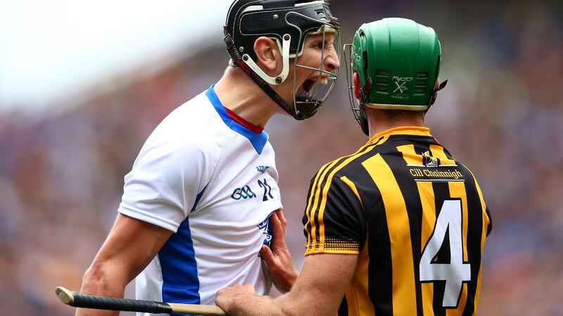 Waterford’s Maurice Shanahan reacts towards Shane Prendergast of Kilkenny after scoring a point during the All-Ireland Senior Hurling Championship semi-final at Croke Park. Photo: Cathal Noonan/Inpho