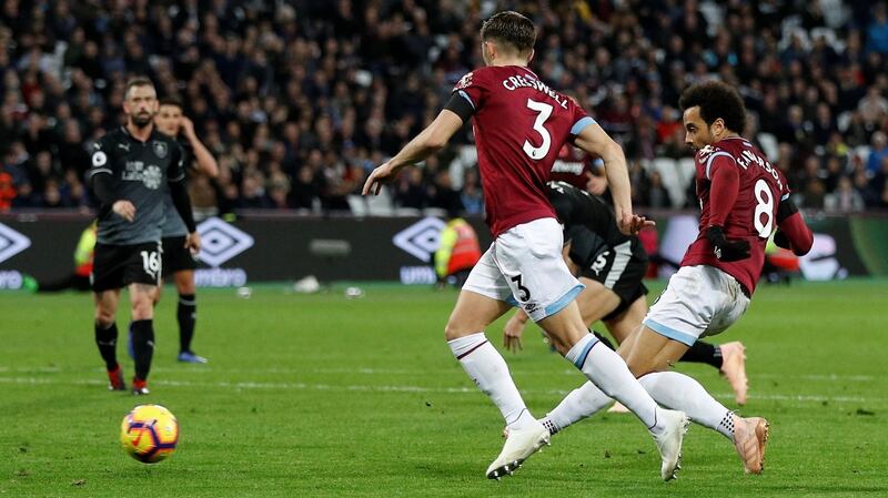 West Ham’s Felipe Anderson scores his side’s third goal in the Premier league game against Burnley. Photograph: Peter Nicholls/Reuters