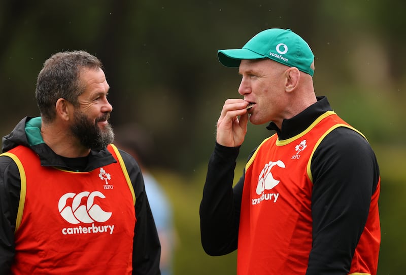 Ireland head coach Andy Farrell with forwards' coach Paul O'Connell at the squad's training camp at The Campus, Faro, Portugal. Photograph: Billy Stickland/Inpho 