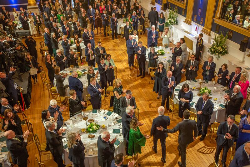 Mr Biden is welcomed by Taoiseach Leo Varadkar at the official banquet dinner at Dublin Castle. Photograph: Julien Behal/Irish Government/ Getty Images