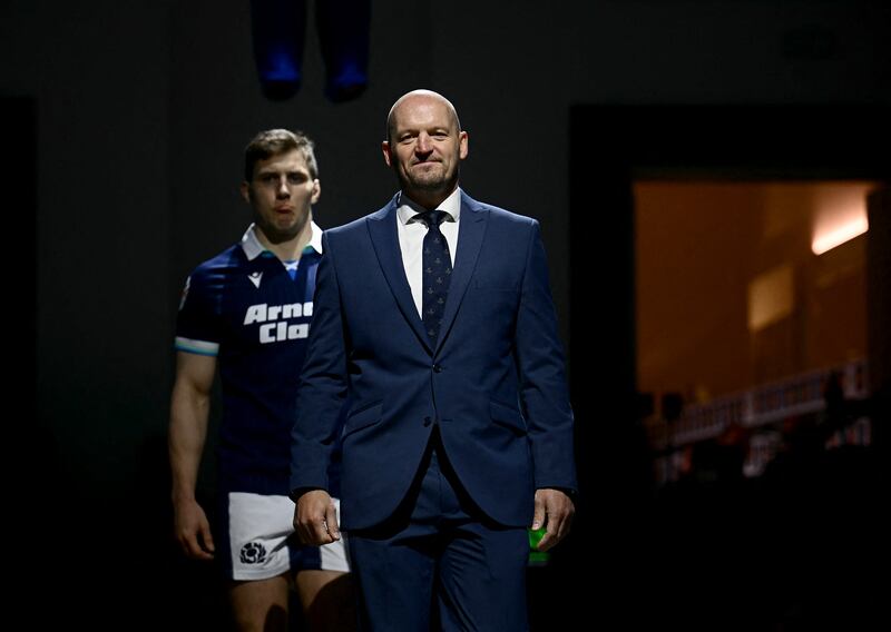 Scotland's head coach Gregor Townsend (R) and co-captain Rory Darge attend the 2025 Six Nations official launch in Rome. Photograph: Filippo Monteforte/AFP via Getty Images
