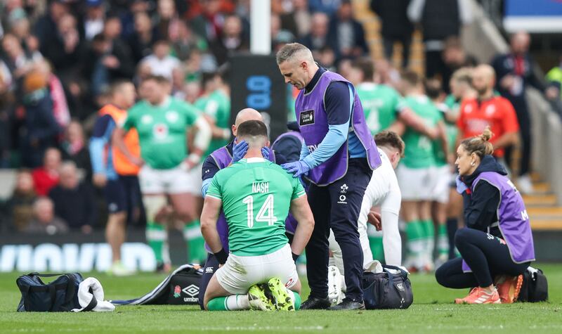 Ireland’s Calvin Nash receiving treatment for a head injury at Twickenham. Photograph: Andrew Fosker/Inpho 
