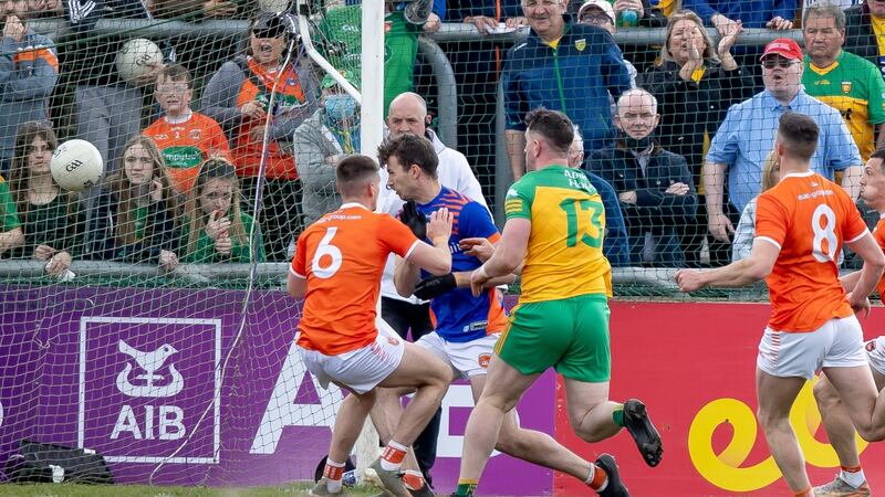 Patrick McBrearty of Donegal scores the only goal of the game. Photograph: Morgan Treacy/Inpho