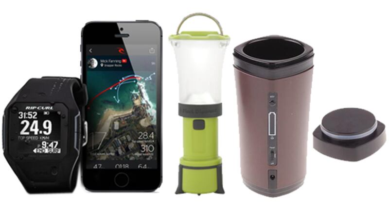 Left to right: Rip Curl Search GPS Surf Watch; Black Diamond Orbit Lantern; Hoter USB Coffee Cup