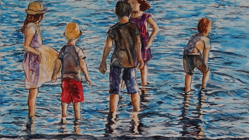 Children paddling, oil on canvas by Aideen Monaghan.