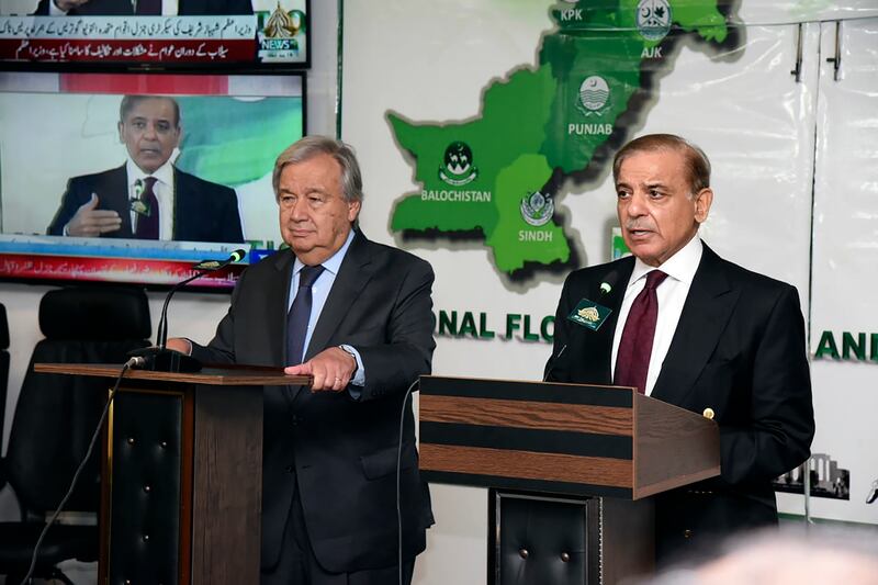 Pakistan's prime minister Shehbaz Sharif speaks during a joint press conference with UN secretary-general Antonio Guterres in Islamabad. Photograph: Pakistan Prime Minister's Office via AP