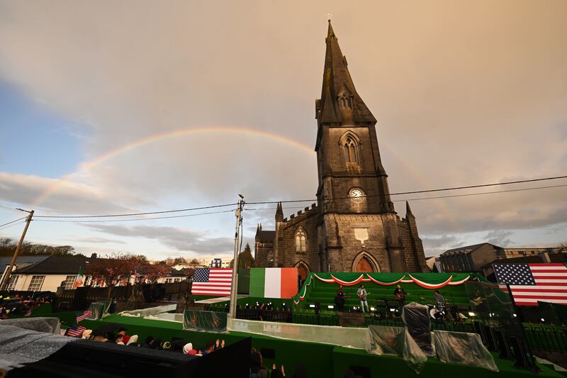  Somewhere over the rainbow: The view from St Muredach's Cathedral prior to the arrival of US President Joe Biden. Photograph Leon Neal/Getty Images)