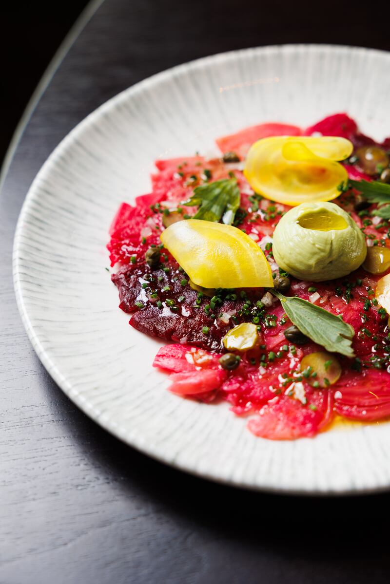 Market beets, avocado puree, flavours of tartare, at Jean-Georges at The Leinster