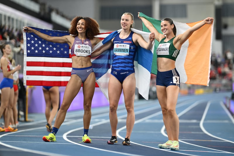 Overall third placed Taliyah Brooks of the United States, first placed Saga Vanninen of Finland and second placed Kate O'Connor of Ireland pose for a photo after the Women's Pentathlon. Photograph: Hannah Peters/Getty