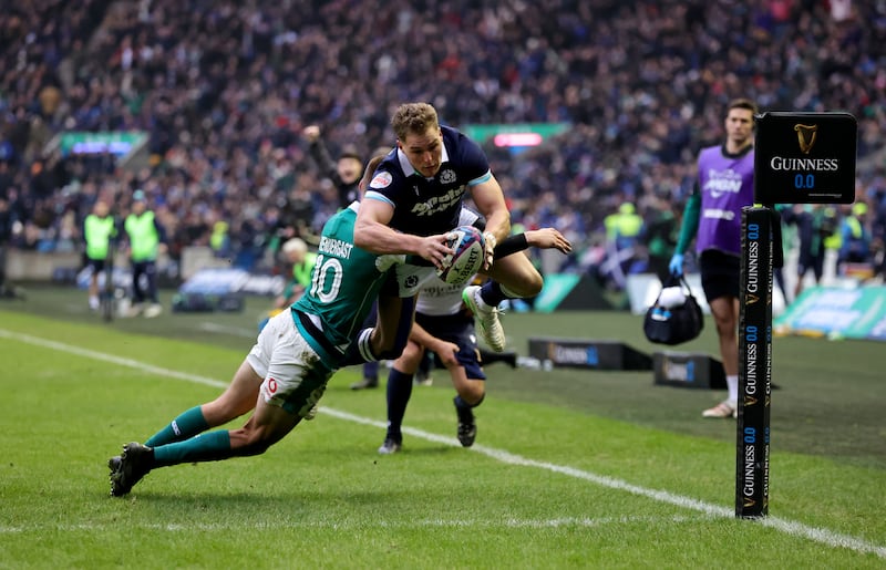 Duhan van der Merwe of Scotland dives in to score. Photograph: David Rogers/Getty