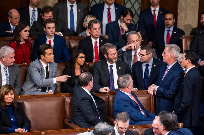 Republican Leader Kevin McCarthy (R) tries to get Republican Representative from Florida Matt Gaetz (L) to change his vote on the House floor on Friday. Photograph: Jim Lo Scalzo/EPA