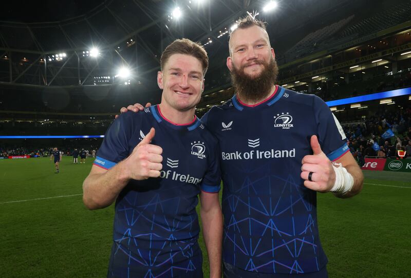 Jordie Barrett and RG Snyman after Leinster's Champions Cup second round fixture against Clermont Auvergne at the Aviva Stadium on December 14th, 2024. Photograph: Billy Stickland/Inpho