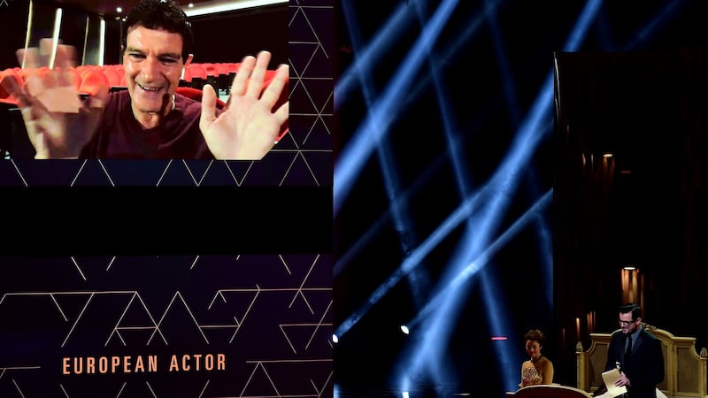 Skype or Facetime? Spanish actor Antonio Banderas gives thanks on a big screen after being awarded Best European Actor at the 32nd European Film Awards at Haus Der Berliner Festspiele in Berlin, Germany. Photograph: Clemens Bilan/Getty