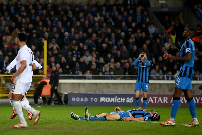 Club Brugge's Brandon Mechele reacts after scoring an own goal. Photograph: Mike Hewitt/Getty Images