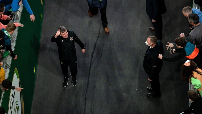 Republic of Ireland manager Stephen Kenny acknowledges supporters as he walks down the tunnel after the final whistle at the Aviva Stadium. Photograph: Ben Brady/Inpho