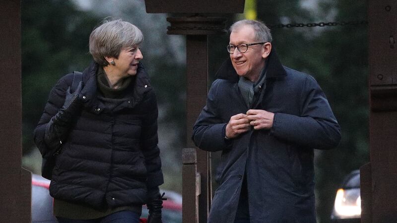 British prime minister Theresa May and her husband Philip arrive to attend a church service near her constituency on Sunday. Photograph: Jonathan Brady/PA Wire.