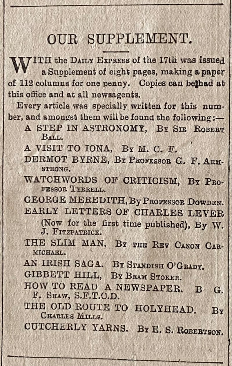 Gibbet Hill: the Dublin Daily Express advert mentioning the Bram Stoker story, from January 1st, 1891