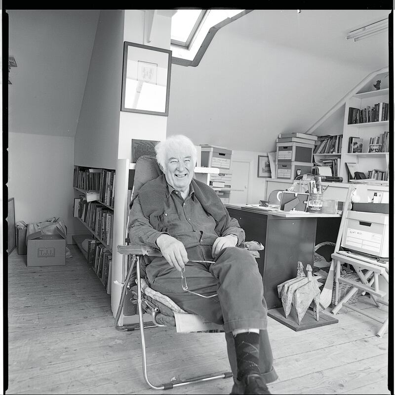 Seamus Heaney in his attic study in his home in Sandymount, Dublin. Photograph: Bobbie Hanvey, courtesy of the National Library of Ireland