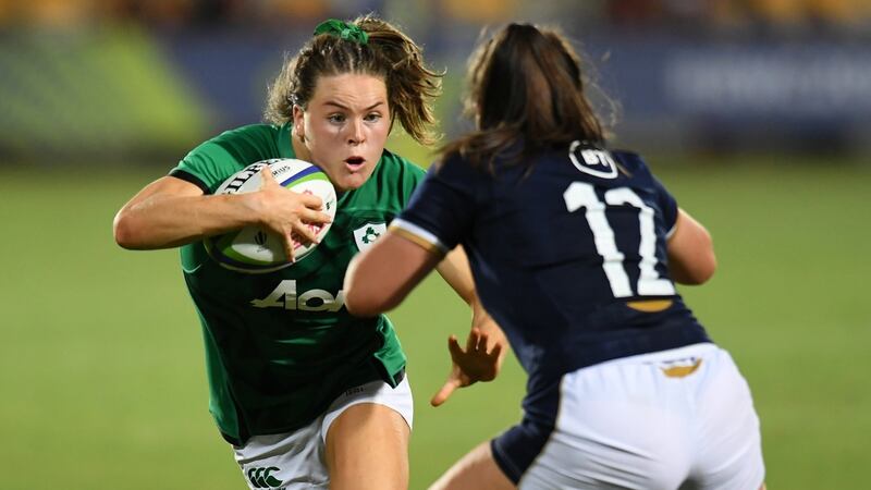 Ireland’s Beibhinn Parsons  is tackled by Lisa Thomson of Scotland during the Rugby World Europe qualifying match in Parma. Photograph: Alessandro Sabattini/World Rugby via Getty Images