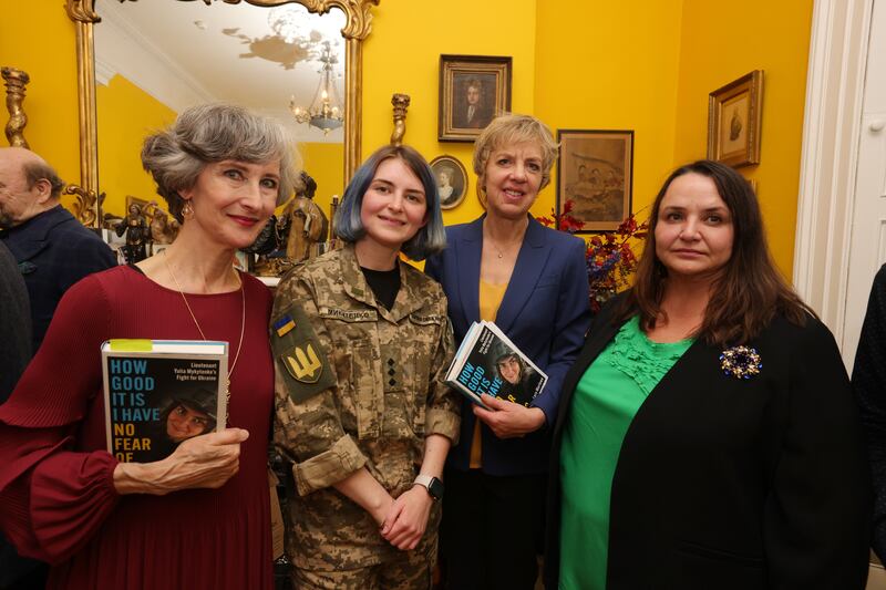 Lara Marlow with Lieut Yulia Mykytenko, Ivana Bacik and Larysa Gerasko, Ukrainian ambssador to Ireland, at the book launch. Photograph: Alan Betson 

