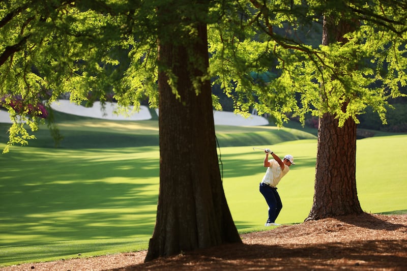 Hideki Matsuyama playing a shot on the 13th hole during the final round of the Masters in 2021. Photograph: Mike Ehrmann/Getty Images